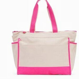 Thirty-One Gifts Canvas Boat Tote Coastal Neon Pink Colorblock